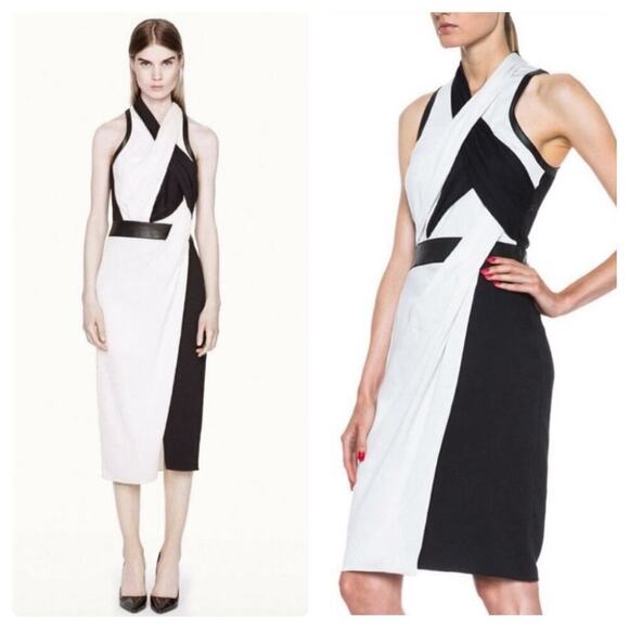 Helmut Lang Dress Twisted Drape Grained Viscose Leather Trim Black White 2 - Picture 10 of 10